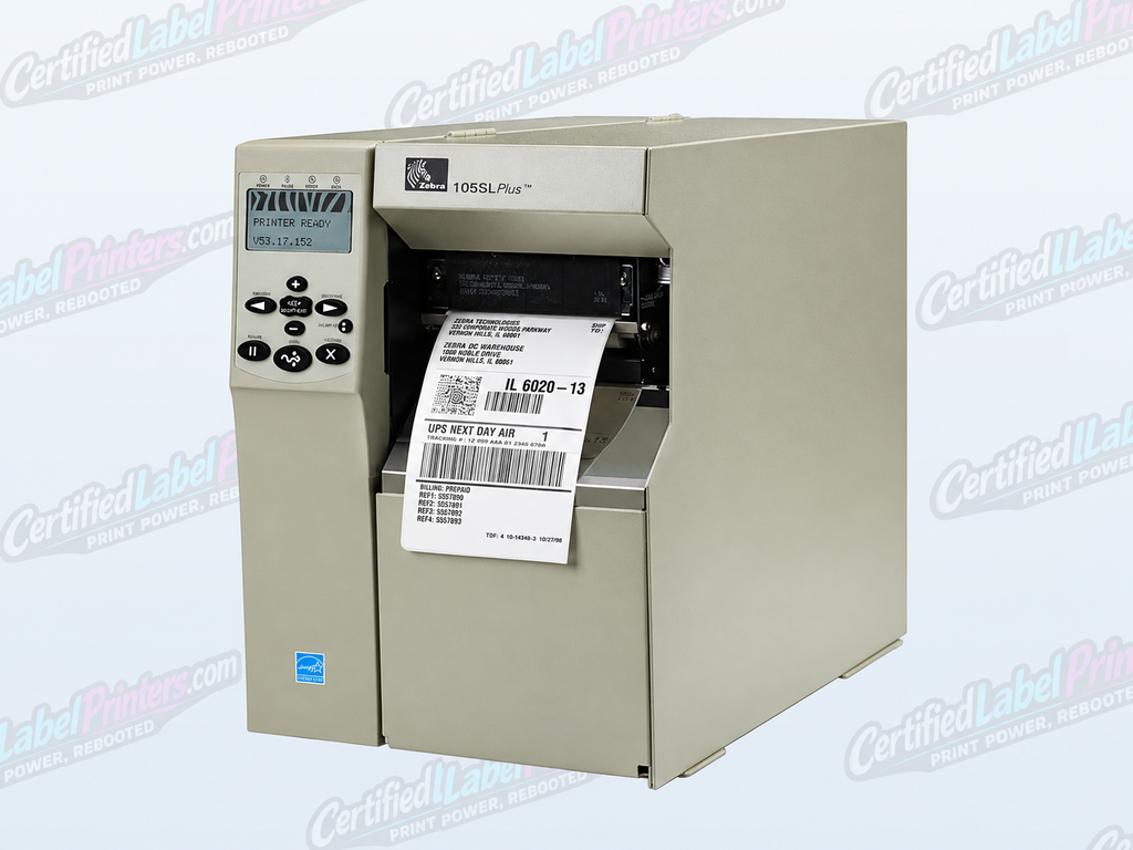 Zebra 105SL Plus industrial label printer - front-right view