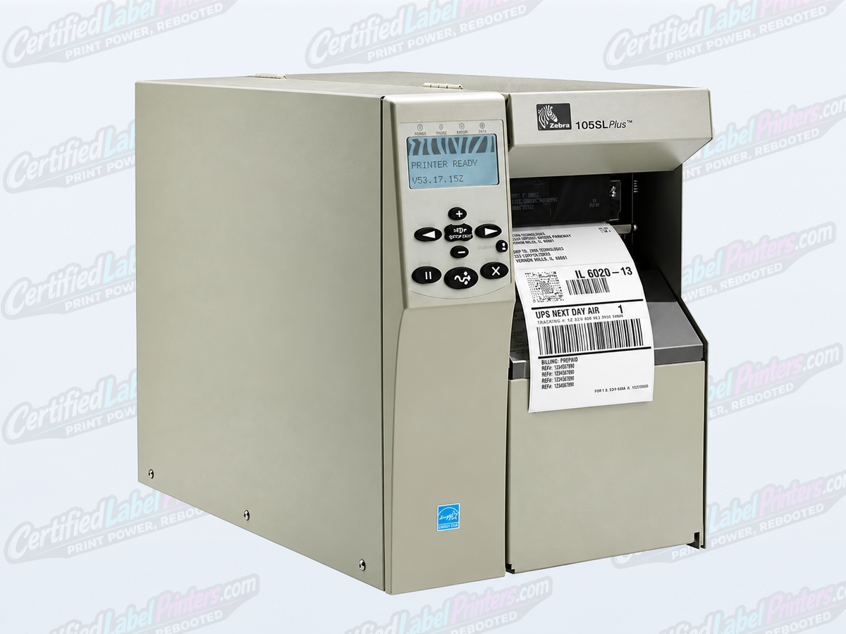 Zebra 105SL Plus industrial label printer - front-left view
