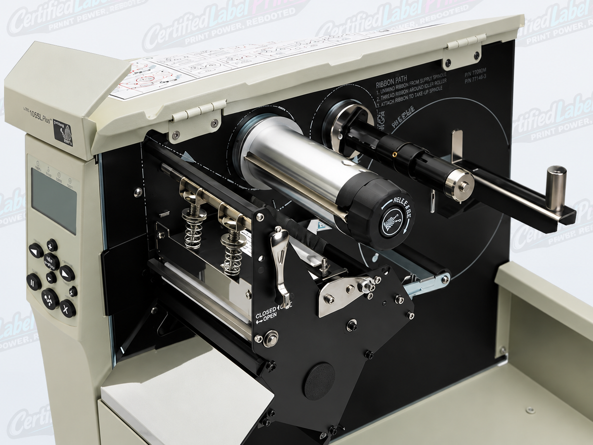Zebra 105SL Plus industrial label printer - ribbon and print mechanism detail