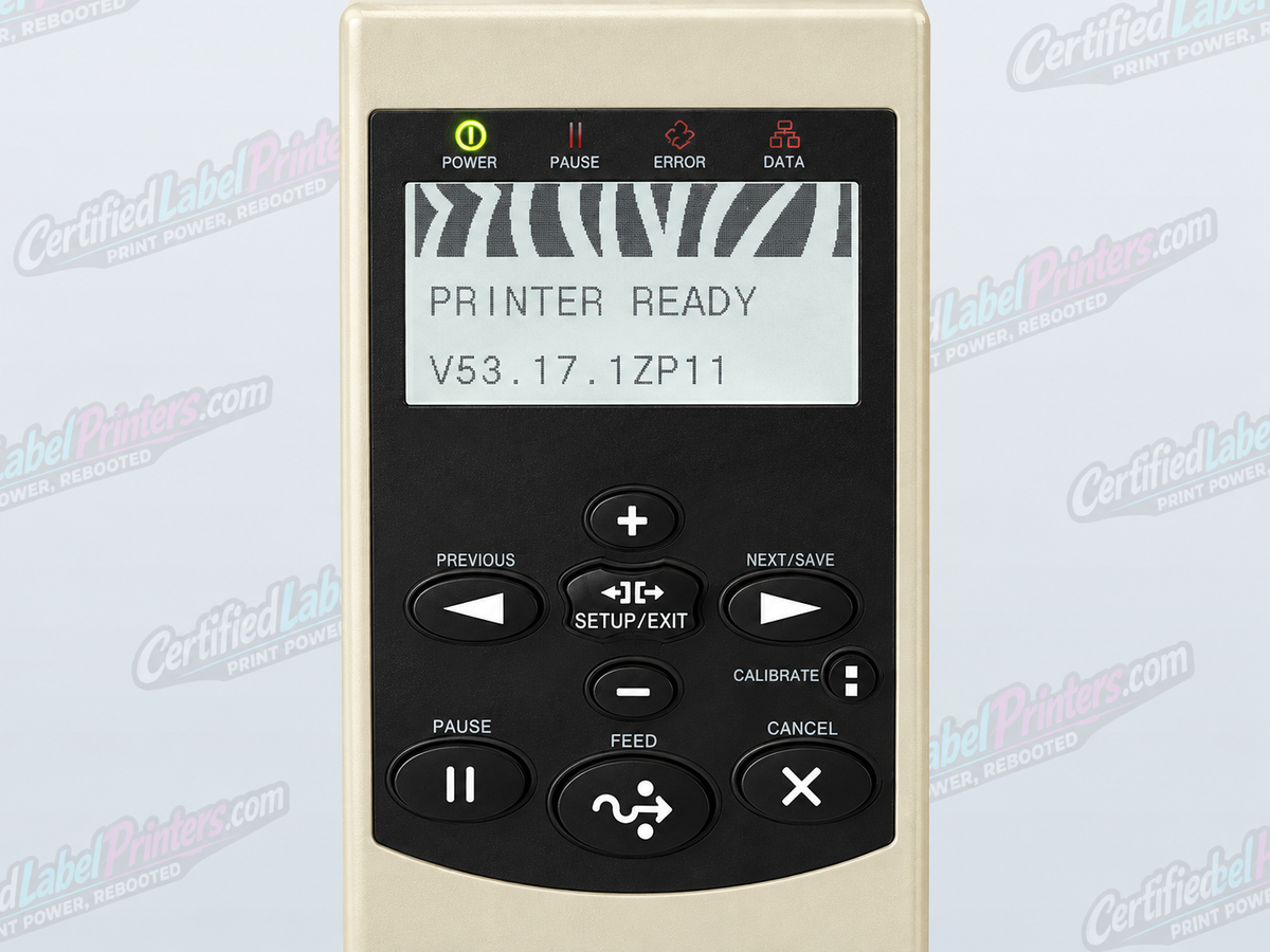 Zebra 110Xi4 industrial label printer - control panel detail
