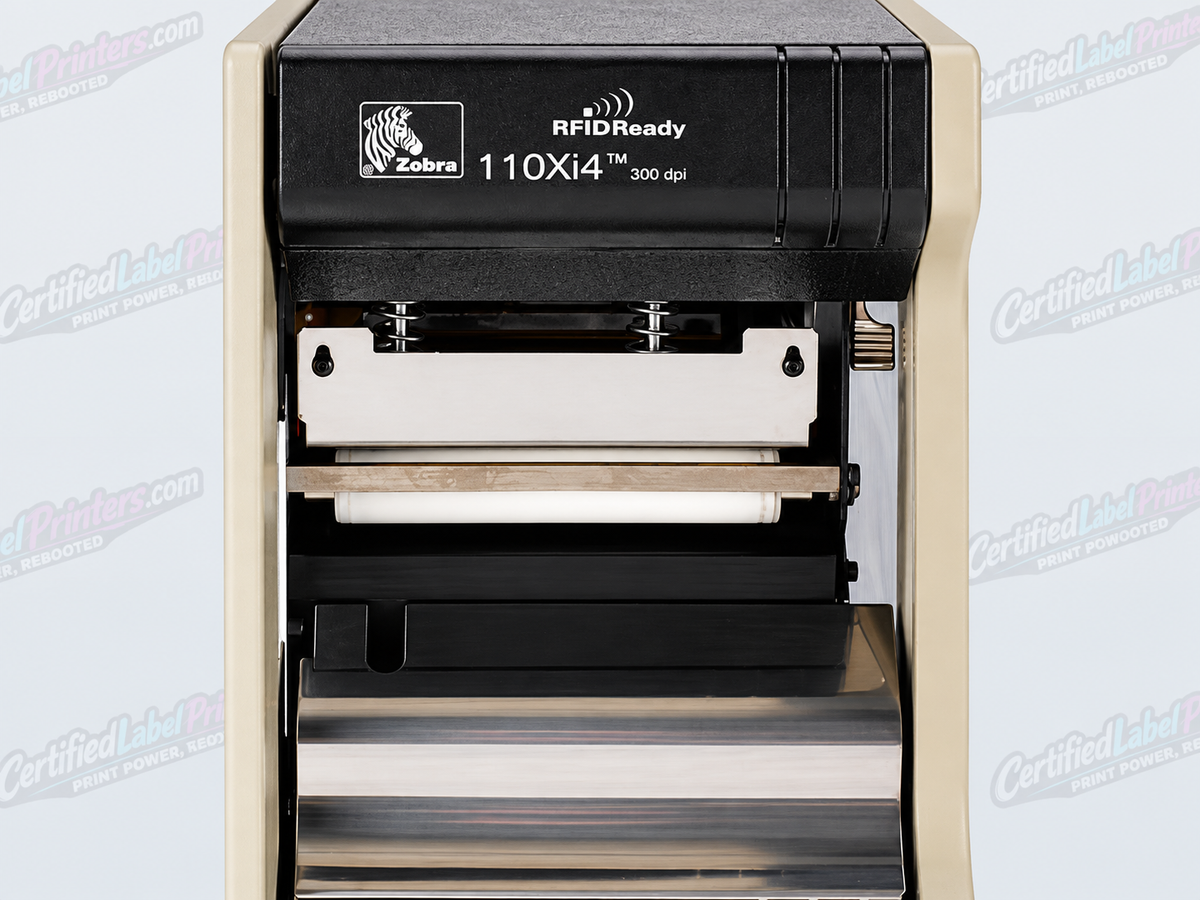 Zebra 110Xi4 industrial label printer - printhead and label exit detail