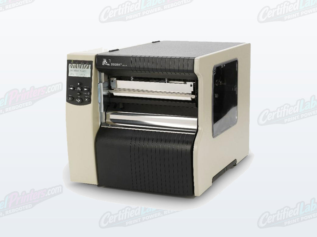 Certified refurbished Zebra 220Xi4 industrial label printer — front right view