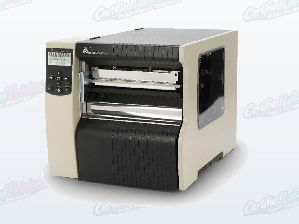 Certified refurbished Zebra 220Xi4 industrial label printer — front left no media view