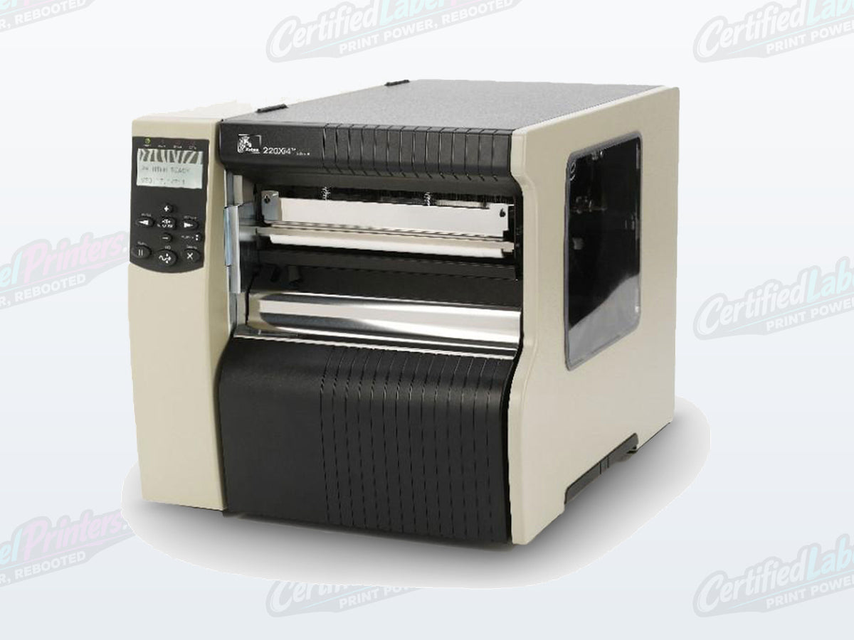 Certified refurbished Zebra 220Xi4 industrial label printer — front left no media view