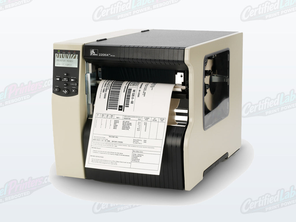 Certified refurbished Zebra 220Xi4 industrial label printer — front left media view
