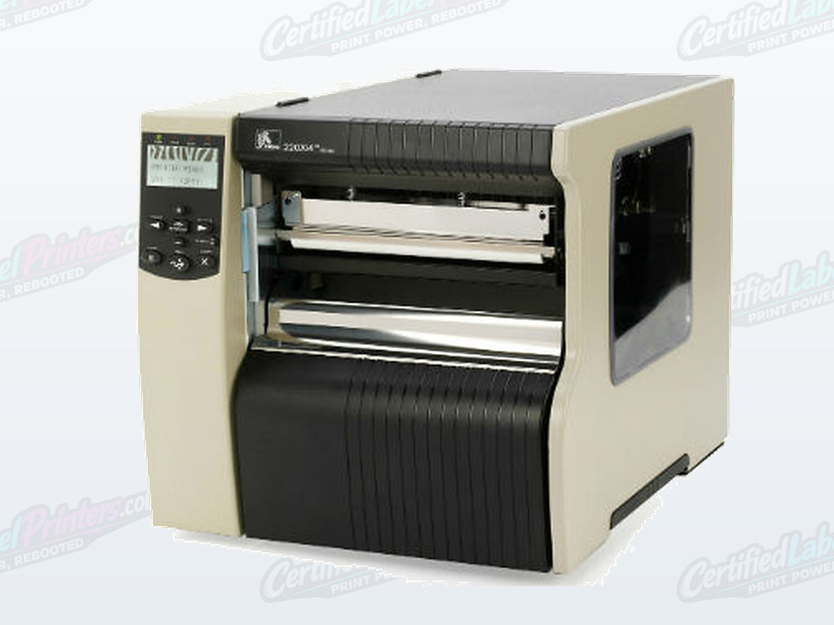 Certified refurbished Zebra 220Xi4 industrial label printer — front detail view