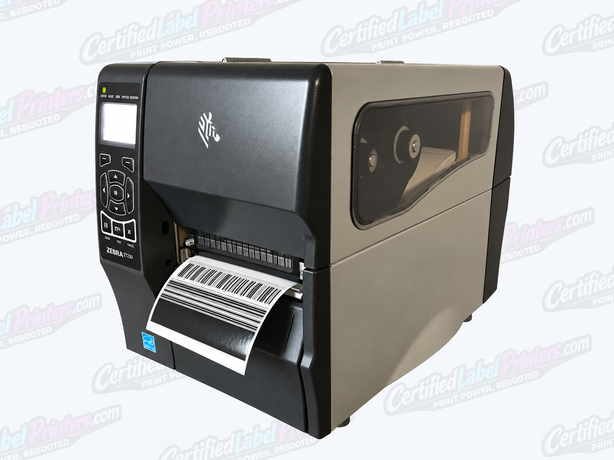 Zebra ZT230 industrial label printer - front-right view