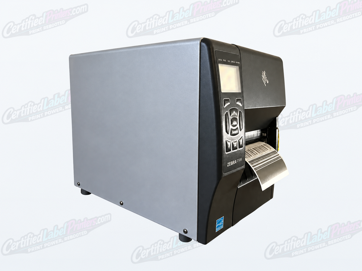 Zebra ZT230 industrial label printer - front-left view