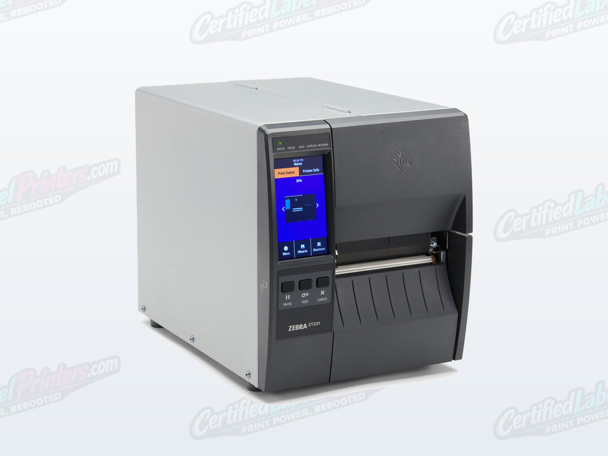 Certified refurbished Zebra ZT231 industrial label printer — front right view