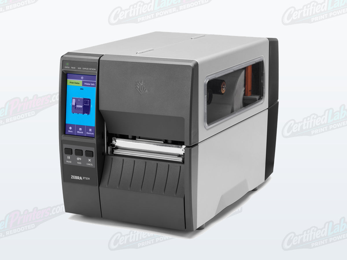 Certified refurbished Zebra ZT231 industrial label printer — series left front view