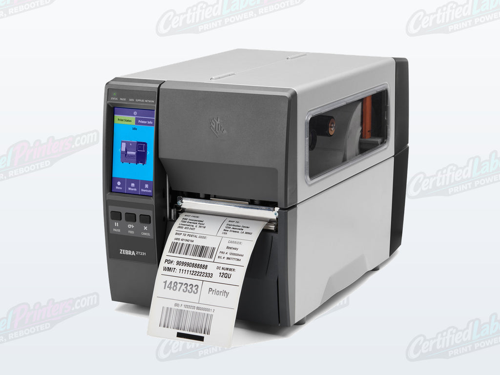 Certified refurbished Zebra ZT231 industrial label printer — media door view
