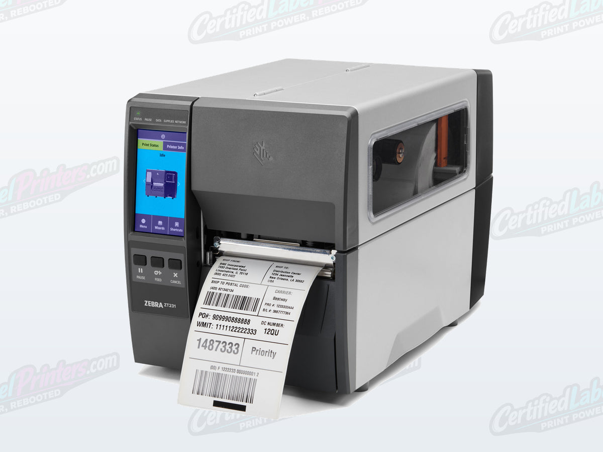 Certified refurbished Zebra ZT231 industrial label printer — media door view