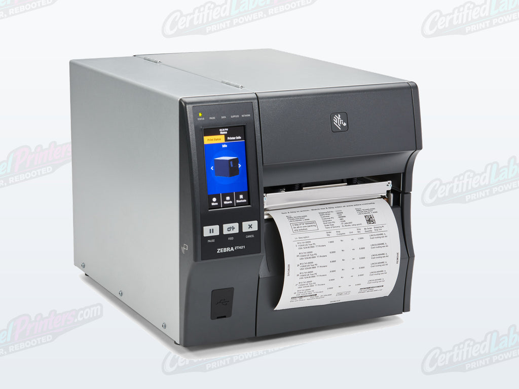 Certified refurbished Zebra ZT410 industrial label printer — media door view