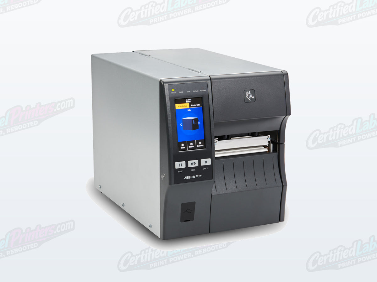 Certified refurbished Zebra ZT411 industrial label printer — front right view