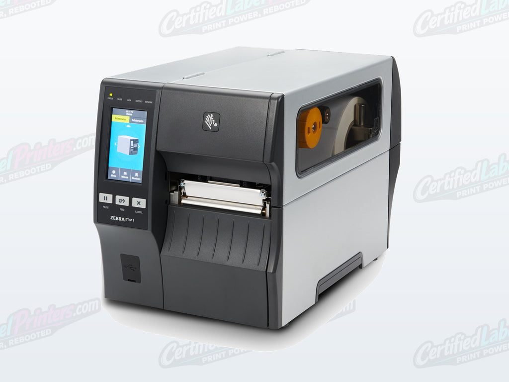 Certified refurbished Zebra ZT411 industrial label printer — series left front view