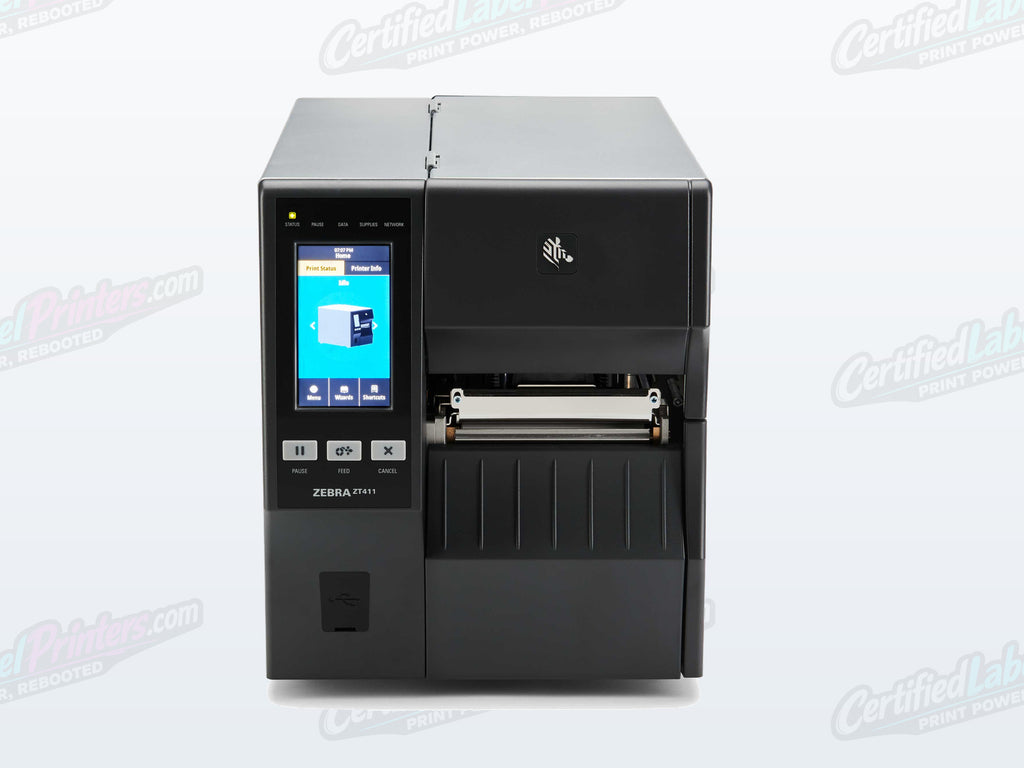 Certified refurbished Zebra ZT411 industrial label printer — front detail view