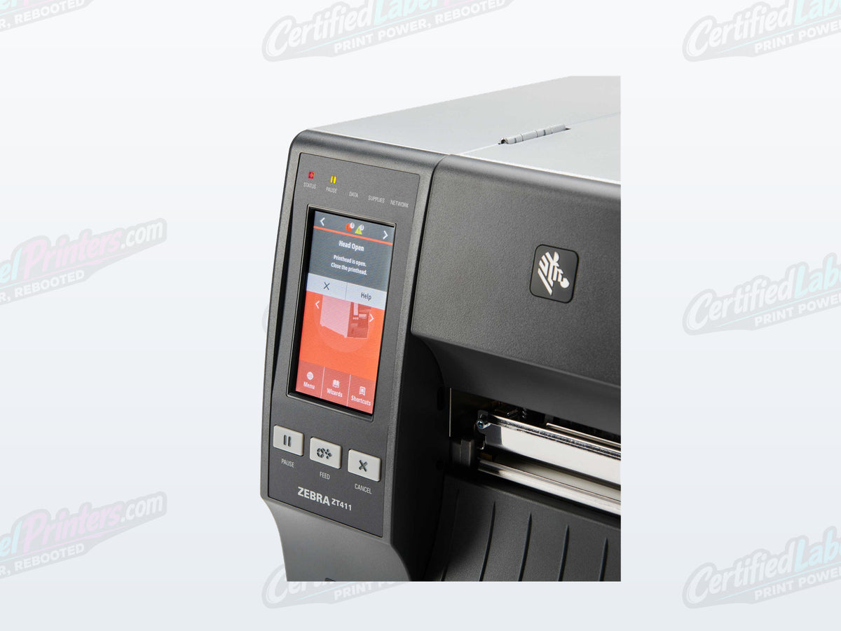Certified refurbished Zebra ZT411 industrial label printer — control panel view