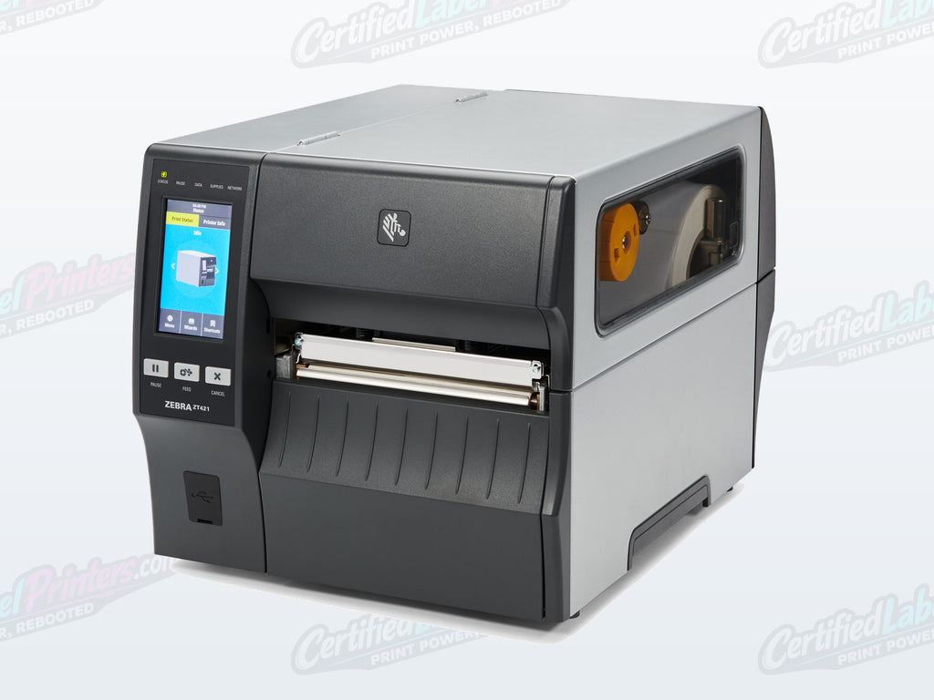 Certified refurbished Zebra ZT421 industrial label printer — series left front view