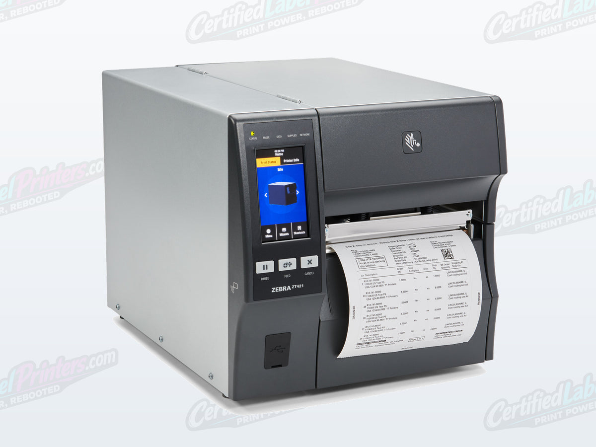 Certified refurbished Zebra ZT421 industrial label printer — media door view