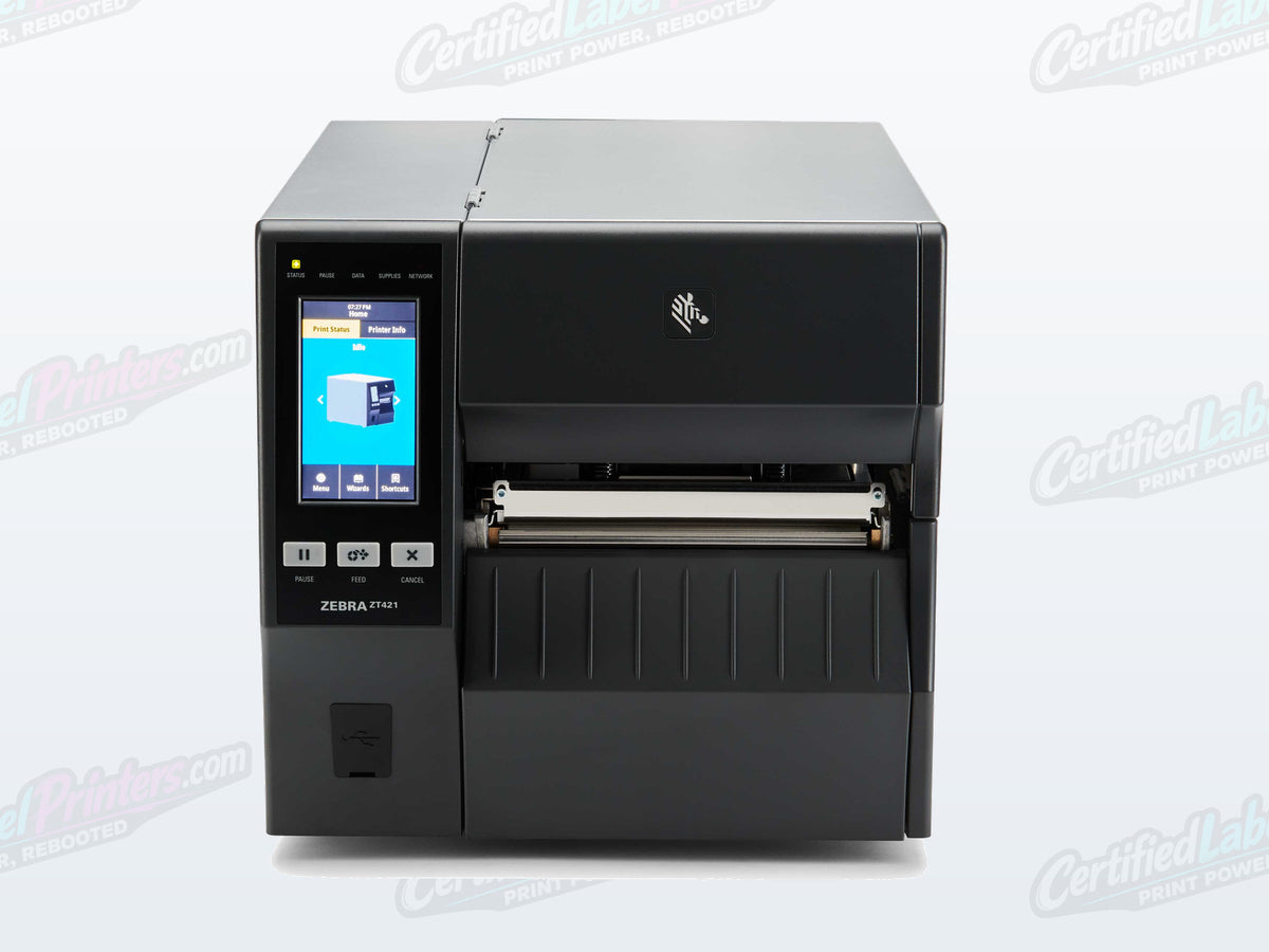 Certified refurbished Zebra ZT421 industrial label printer — front detail view