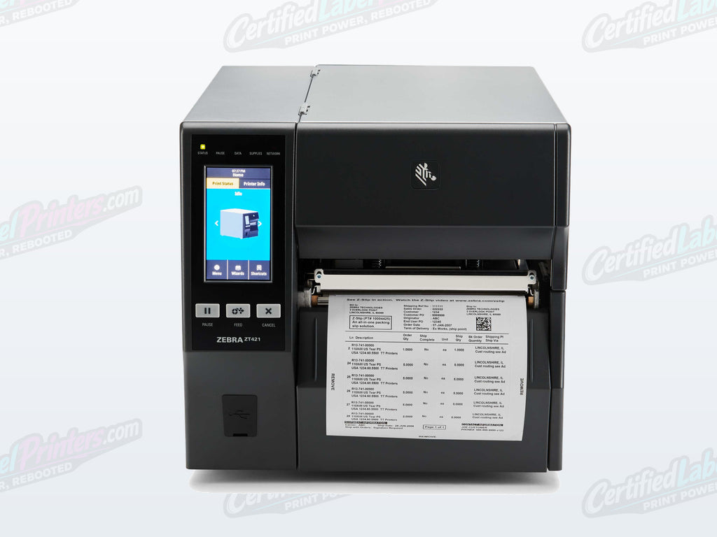 Certified refurbished Zebra ZT421 industrial label printer — open media view