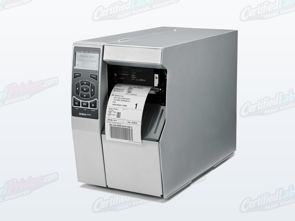 Certified refurbished Zebra ZT510 industrial label printer — media door view