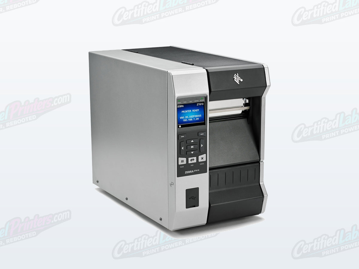 Certified refurbished Zebra ZT610 industrial label printer — front right view