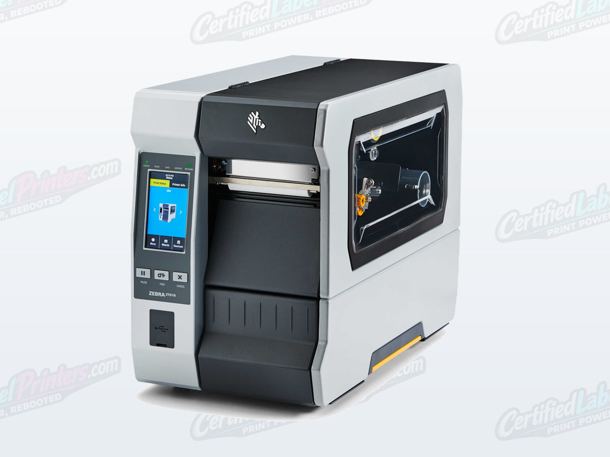 Certified refurbished Zebra ZT610 industrial label printer — front left view