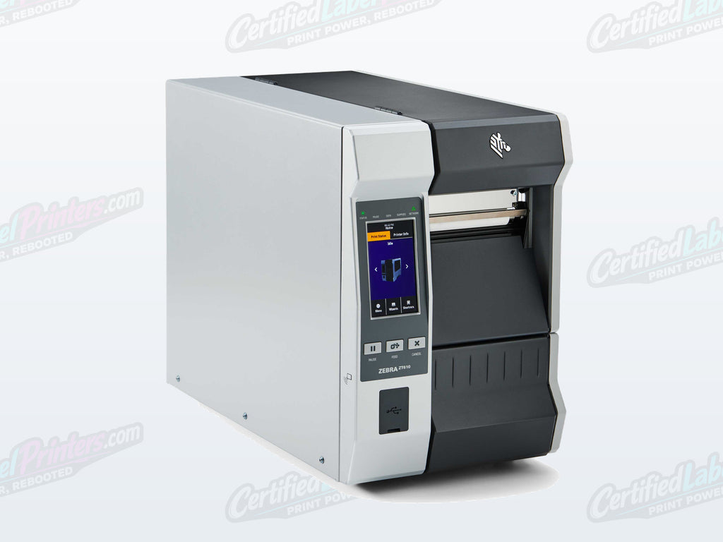 Certified refurbished Zebra ZT610 industrial label printer — front right detail view