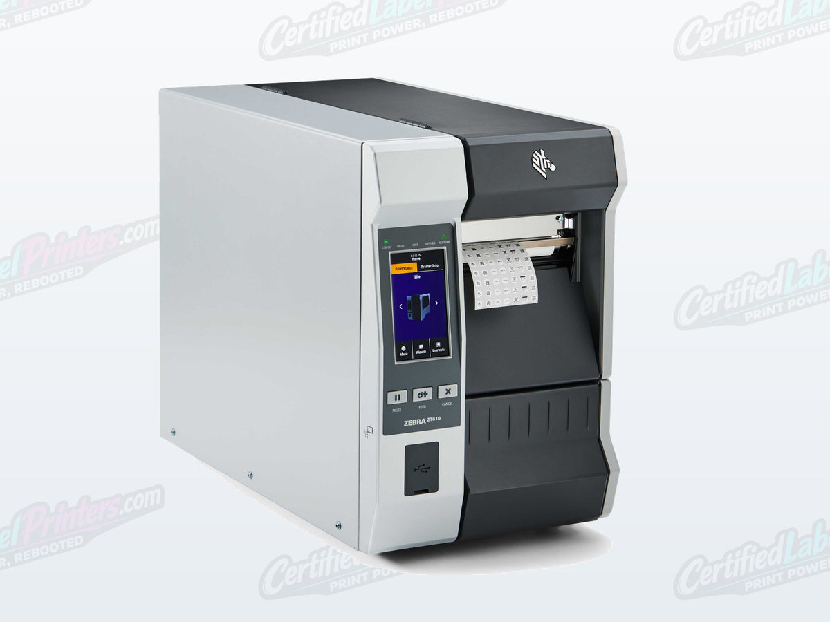 Certified refurbished Zebra ZT610 industrial label printer — media door view